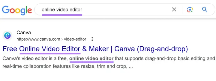 Google SERP with the term "online video editor" entered and the phrase highlighted in the title and description of the first result.