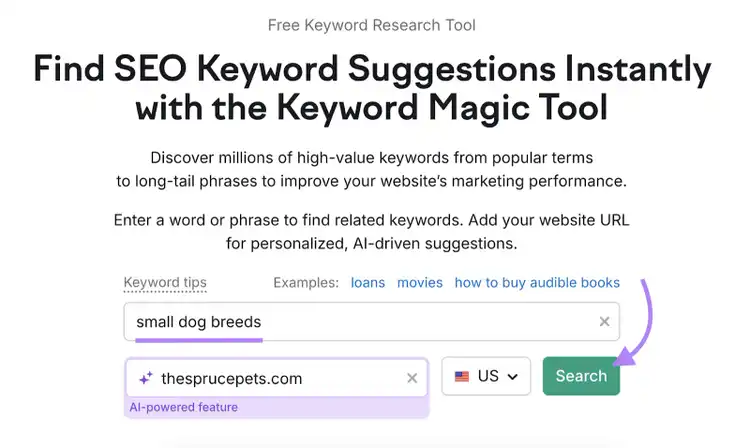 Keyword search example is "small dog breeds."