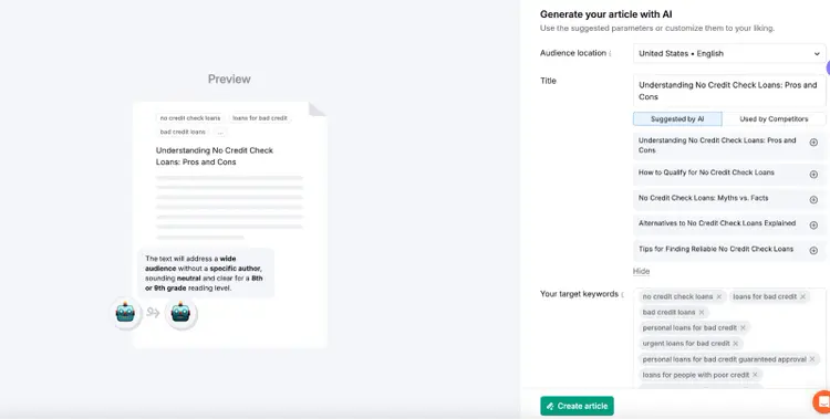 AI Article Generator showing article preview and suggested title prompts for credit card loans