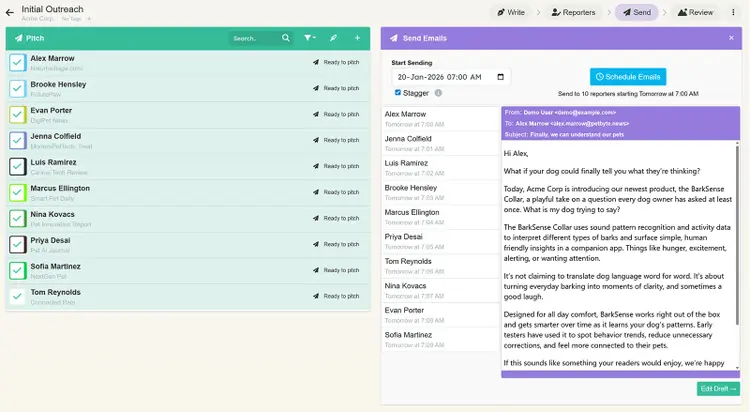PitchFriendly email scheduling screen showing selected reporters, staggered send times, and a preview of the pitch email.