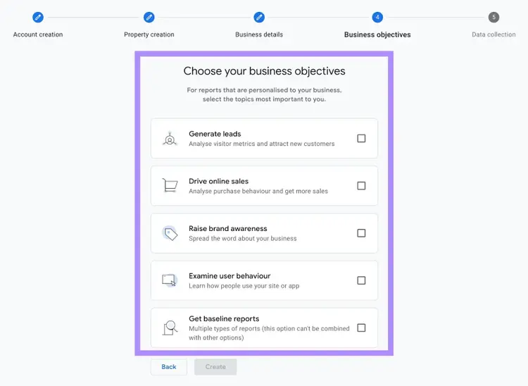 "Choose your business objectives" window
