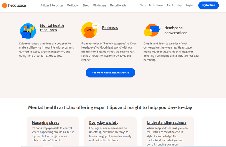 Headspace homepage showing clickable options to learn more about mental health such as podcasts and other resources.