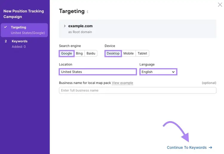 Targeting settings on the Position Tracking tool with a search engine, device, location, and language selected.