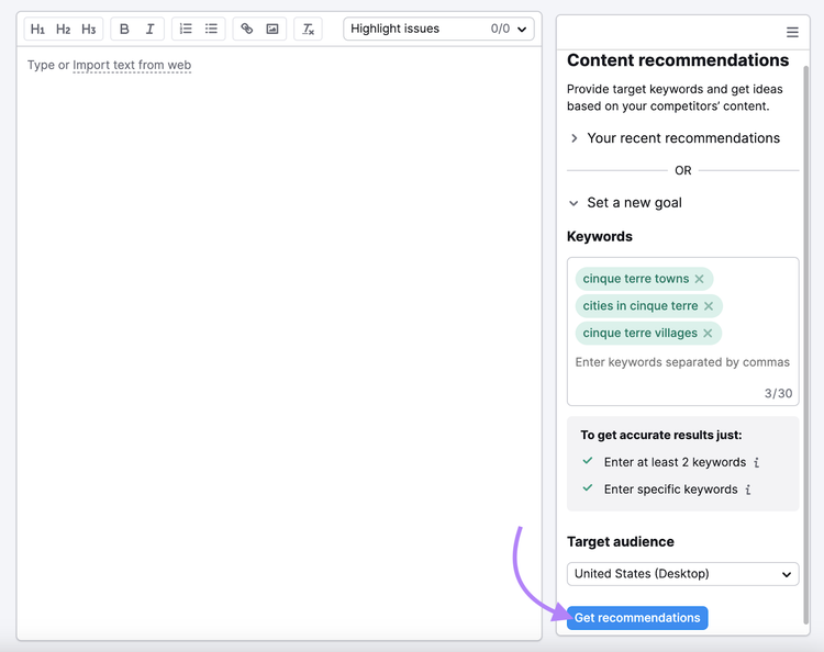 keywords like cinque terre towns, cities in cinque terre, and cinque terre villages entered into SEO Writing Assistant