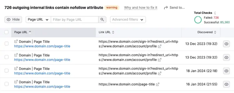 A full list of pages where nofollow internal links were found