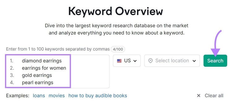 "diamond earrings," "earrings for women," "gold earrings," and "pearl earrings" entered in Keyword Overview tool search bar