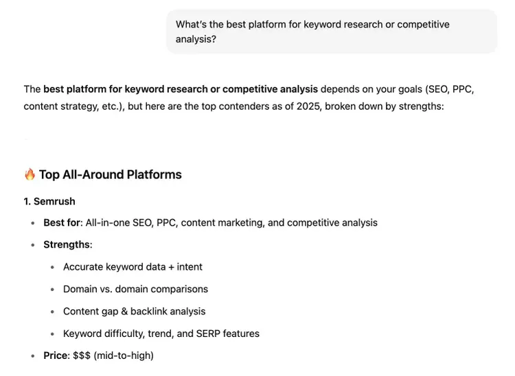 AEO example on ChatGPT with a query asking for the best platform for keyword research or competitive analysis and "Semrush" appearing as the top result.