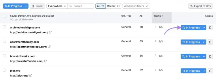 A list of domain prospects on the Link Building tool with "To in Progress" next to a prospect clicked.