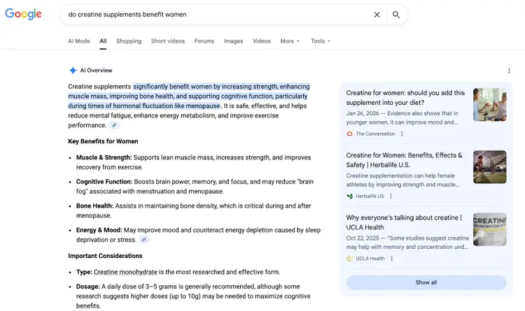 Google AI Overview for 'do creatine supplements benefit women' query citing recently published content as sources.