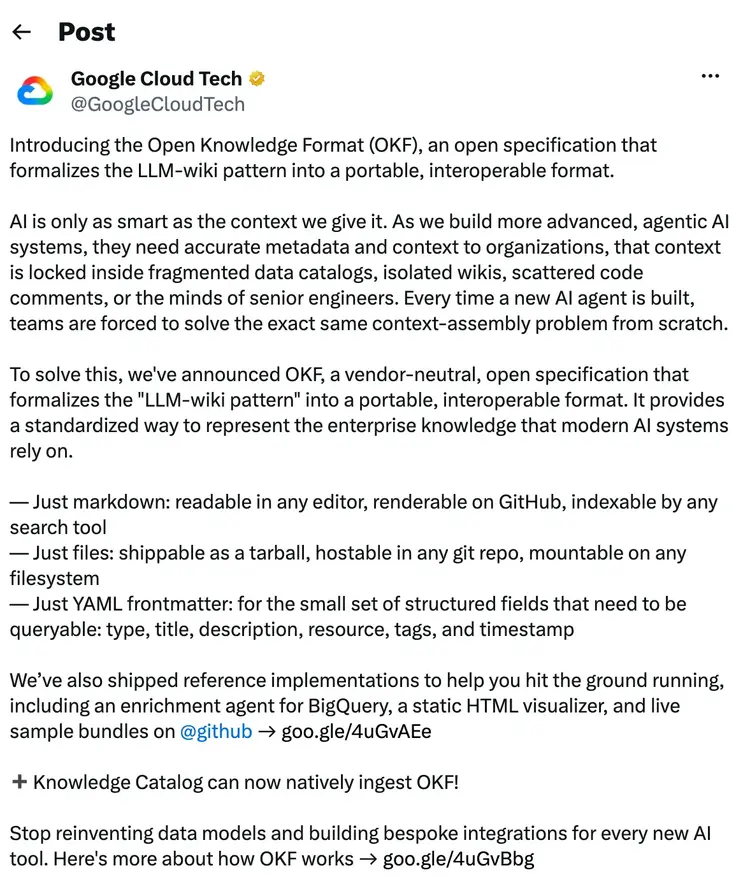 A post on X by Google Cloud Tech introducing Open Knowledge Format (OKF) along with how it works and the benefits.