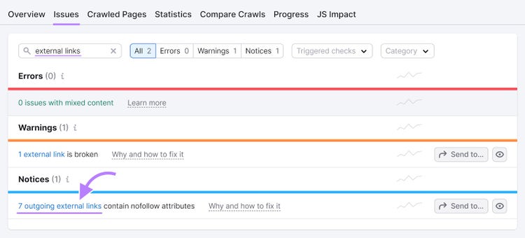 "Issues" tab of the Site Audit tool with "7 outgoing external links contain nofollow attributes" notice highlighted