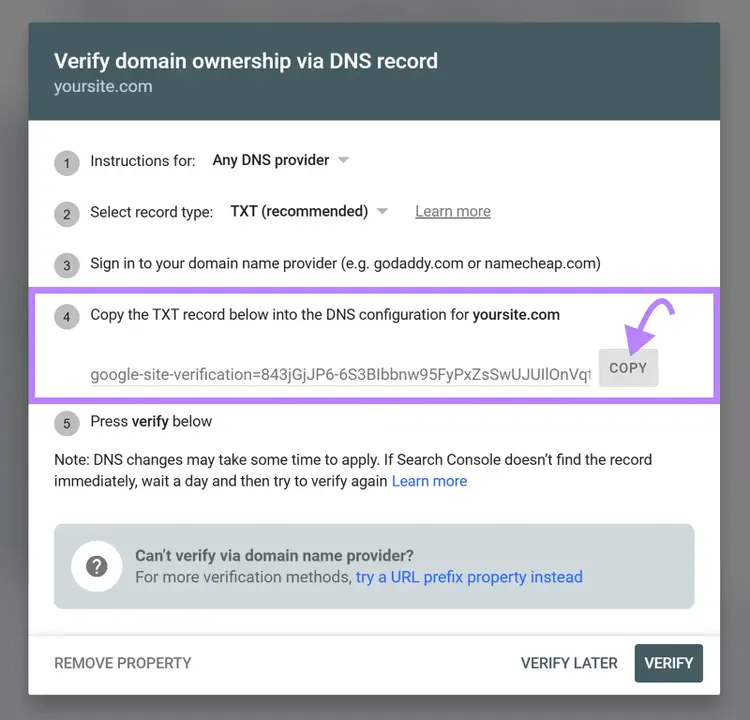 Google Search Console DNS verification screen highlighting the TXT record to copy for domain ownership verification