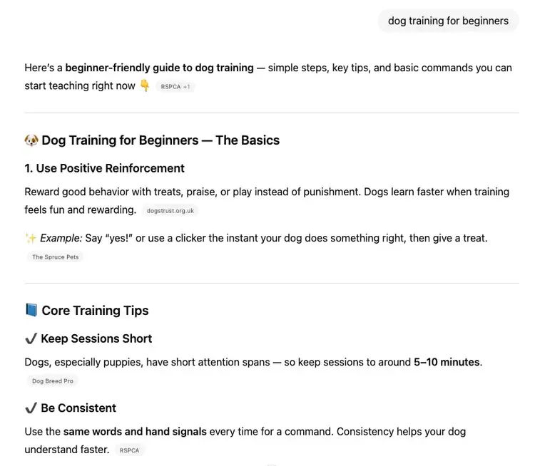 ChatGPT answer for "dog training for beginners".