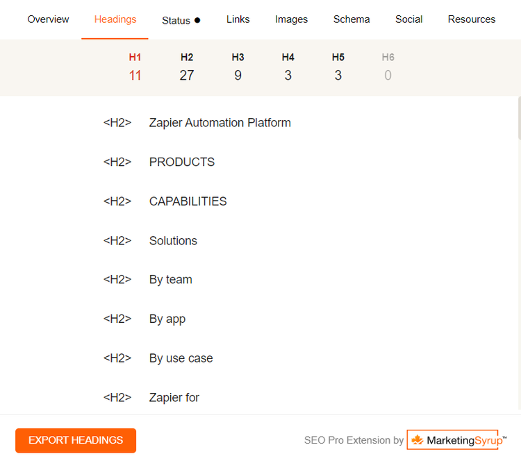 SEO Pro Extension Headings tab: 11 H1s, 27 H2s, 9 H3s, 3 H4s, 3 H5s, 0 H6s