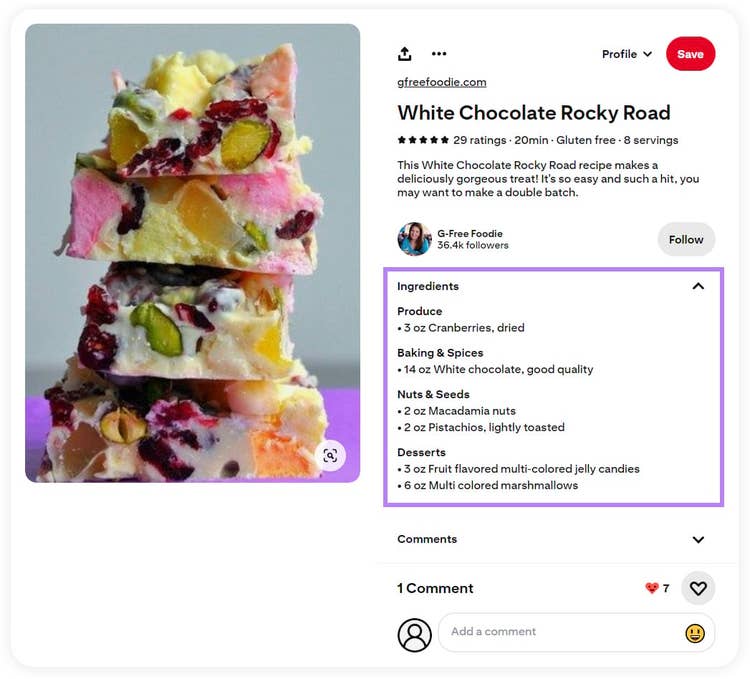 Pinterest recipe rich Pin for a white chocolate rocky road recipe.
