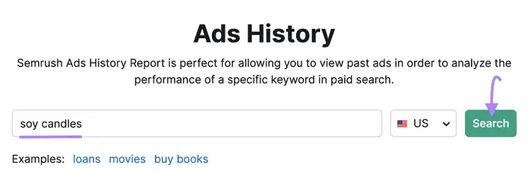 "soy candles" entered into the Advertising Research tool search bar