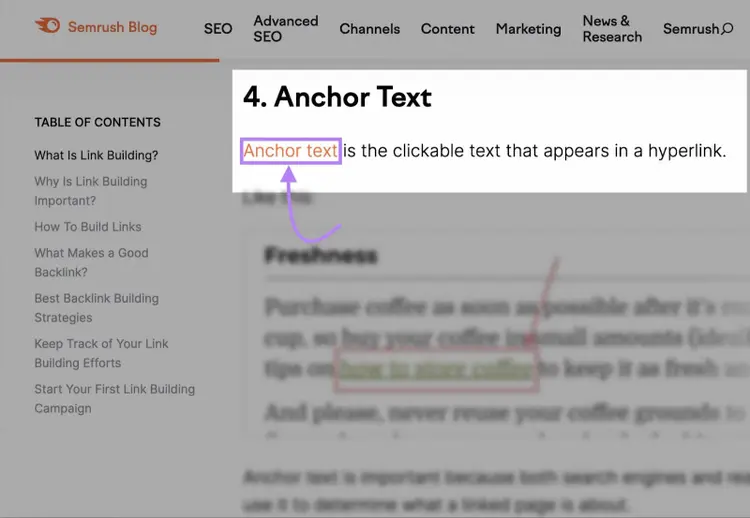 An internal link with "Anchor text" as an anchor text in Semrush's blog