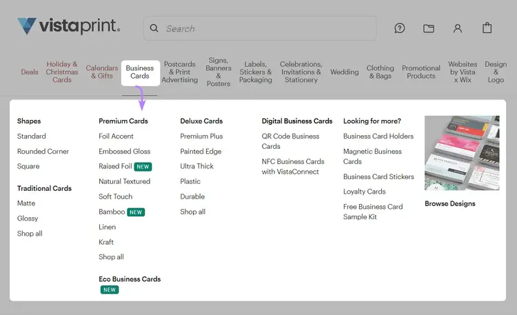 Hovering over "Business Card" in Vistaprint’s navigation, opens a well-organized drop-down menu