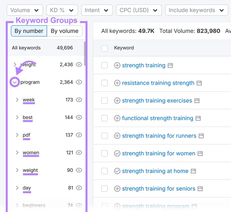 Keyword Magic Tool showing keyword groups and subgroups organized by topic and modifiers.