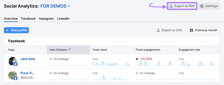 "Export to PDF" button in Social Analytics