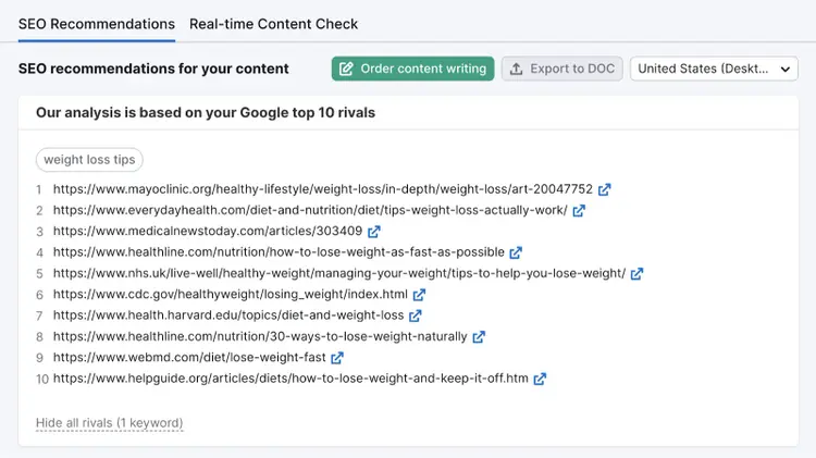 SEO recommendations based on competitor analysis in SEO Content Template