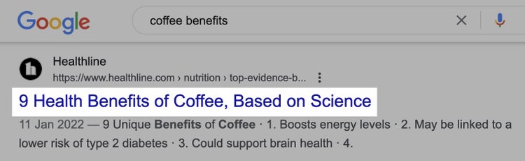 Screenshot: Google search for 'coffee benefits' showing featured snippet with health information