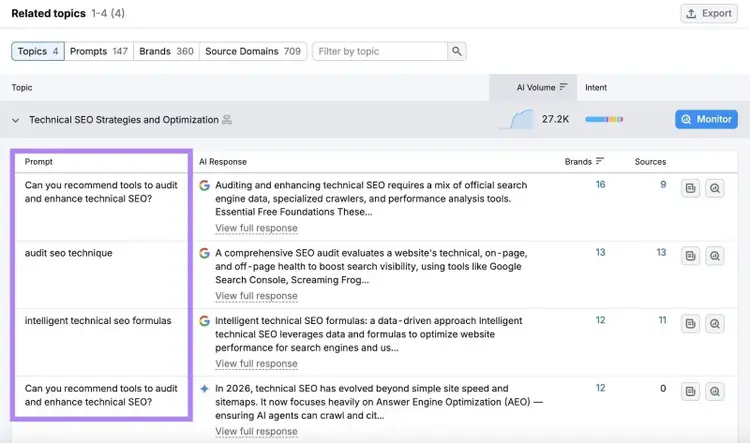 The "Prompts" column showing user prompts about a topic on the Prompt Research tool.