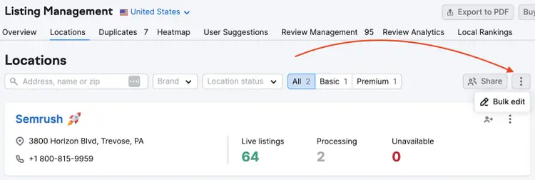 Semrush Local’s bulk editing tool