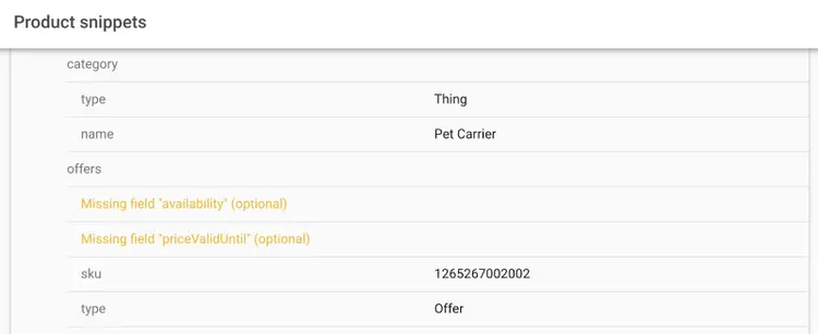 Google Rich Snippets validation showing Pet Carrier product schema with missing optional fields highlighted in yellow