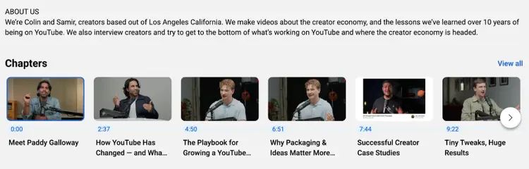 Chapters appear in a video's description box, showing a thumbnail, timestamp, and chapter title.