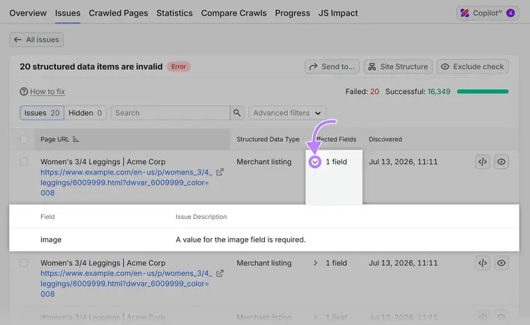 Semrush Site Audit issue showing 20 invalid merchant listing items caused by a missing required image field
