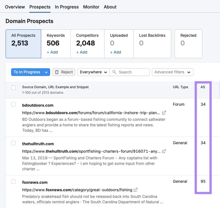 Authority Score column highlighted on the Prospects tab of the Link Building tool.