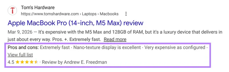 Google review rich result for a MacBook Pro article showing pros and cons, a 4.5-star rating, and the reviewer’s name