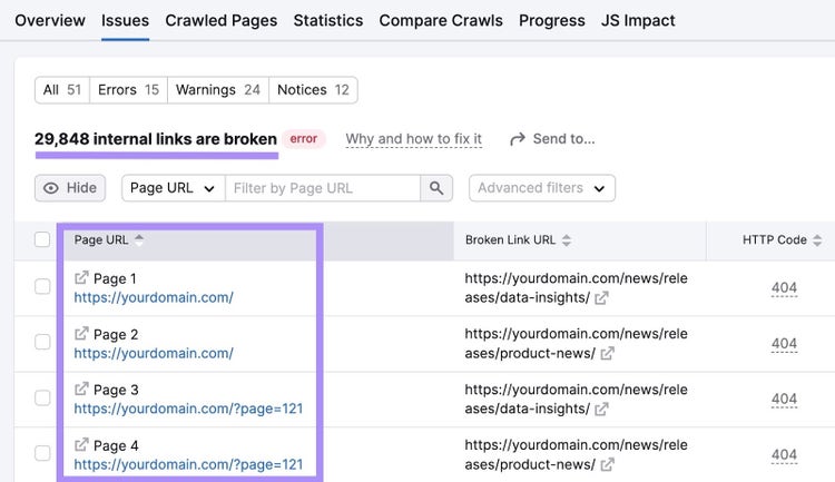 Screenshot: Site Audit Issues list showing multiple error types with counts and fix recommendation links