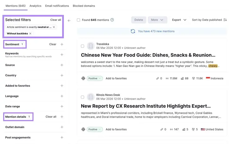 Brand Monitoring tool with sentiment and backlink filters applied.