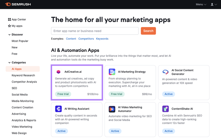 Semrush App Center webpage with AI Apps menu open and AdCreative.ai displayed