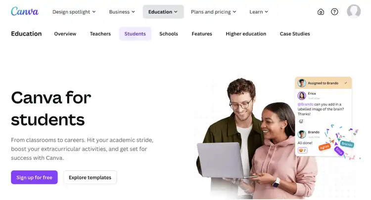 Landing page dedicated to Canva for students.