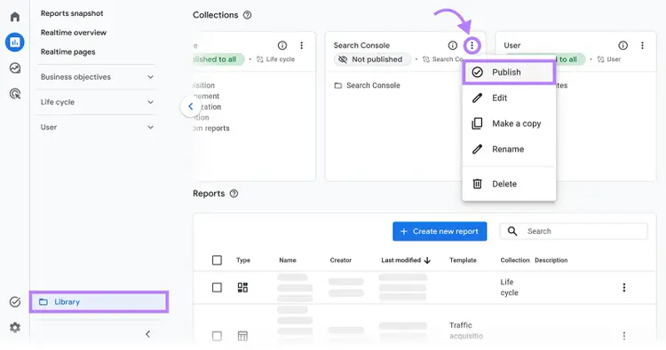 GA4 Library menu showing the Publish option for the Search Console collection