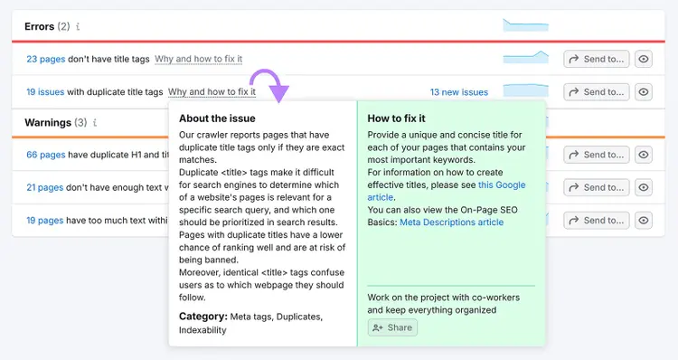 Popup explaining duplicate title tag issues and how to fix them with unique titles.