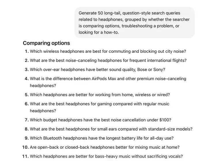 ChatGPT generating a list of long-tail, question-style search queries related to headphones based on a prompt.