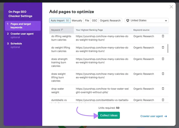"Add pages to optimize" settings page within the On Page SEO Checker tool