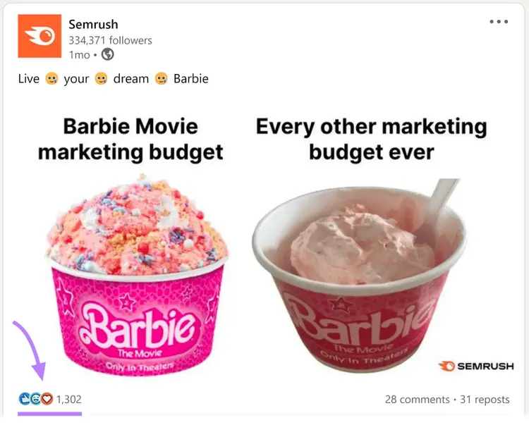 LinkedIn post from Semrush comparing Barbie marketing