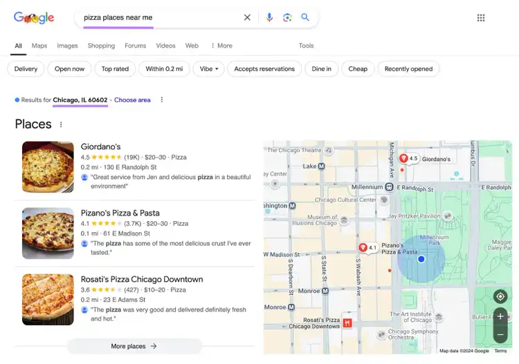 local pack shows three local places near the searcher