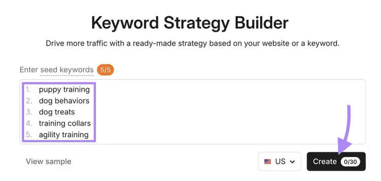 Keyword Strategy Builder with five seed terms entered and "Create" clicked.