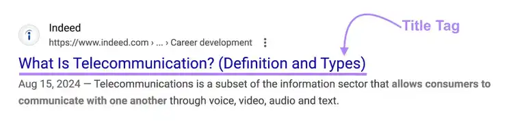 A SERP listing with the title tag highlighted.