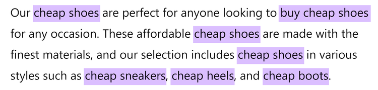 Keyword stuffed text with keywords highlighted