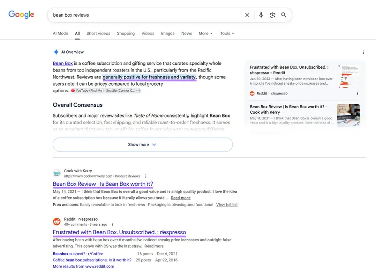 Google search results for Bean Box reviews with AI Overview and Reddit discussion highlights