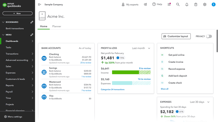 QuickBooks Online home