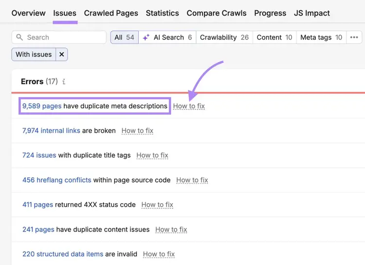 The "Issues" tab on Site Audit with an error along with "How to fix" next to it highlighted.