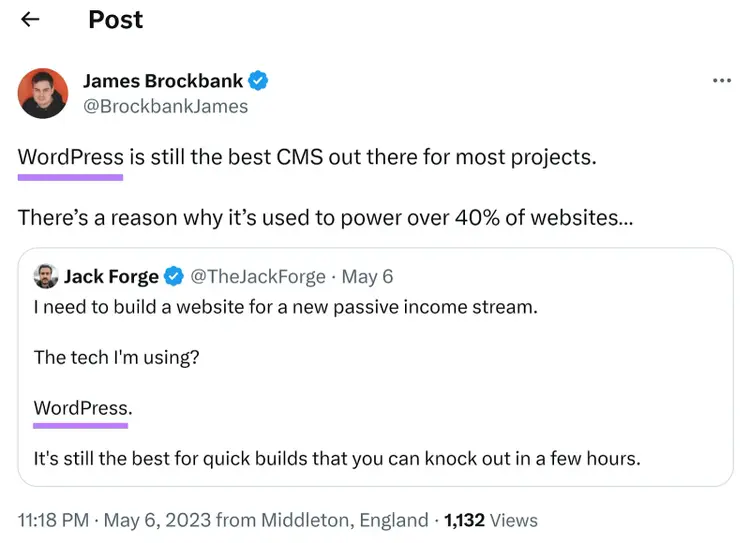 X post from James Brockbank about WordPress as best CMS with 1,132 views
